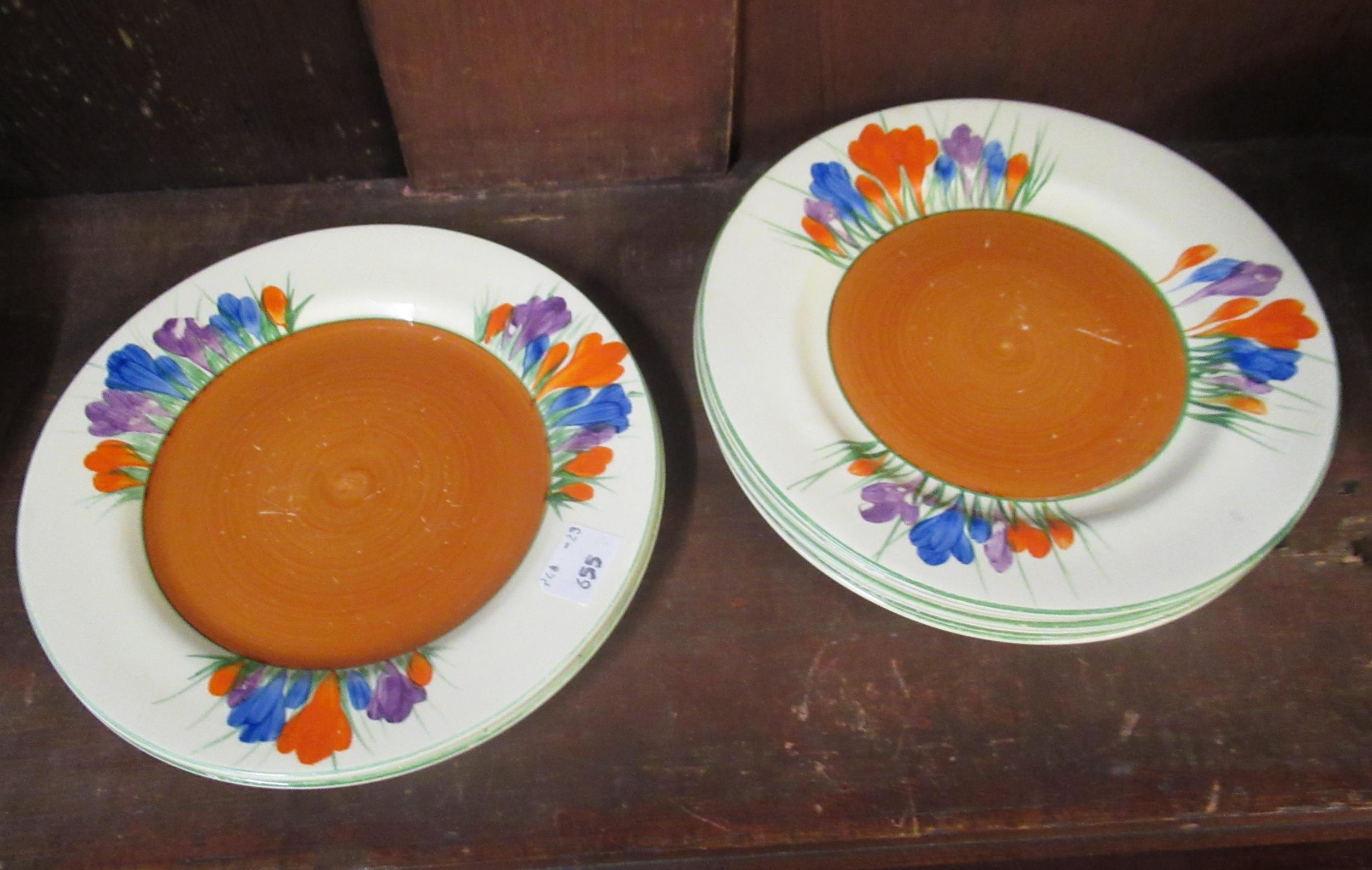 Clarice Cliff Crocus pattern part breakfast set comprising: seven side plates, five saucers, four - Image 25 of 25