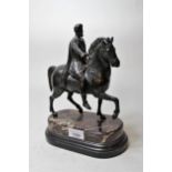Reproduction dark patinated bronze figure of classical warrior on horseback, 27cms high