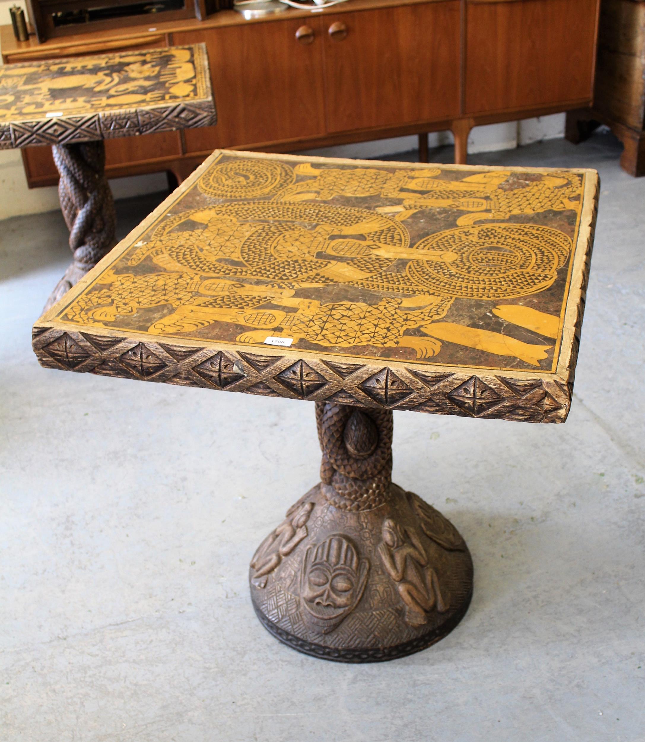 Unusual African carved wooden and marble inset dining table, 77cm square