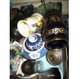 Box containing a quantity of various glass and pottery including Widecombe Fair musical mug, Thermos