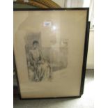 Ethel Gabain, signed black and white print of a seated figure holding fruit, 30cms x 24cms