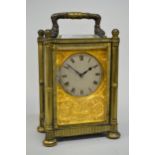 Regency brass cased timepiece carriage clock, the silvered dial with Roman numerals and engraved