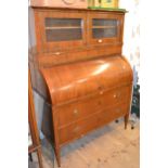 19th Century Continental mahogany cylinder bureau cabinet, the superstructure with two small