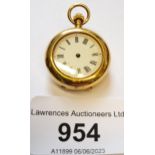 18ct Gold cased fob watch with keyless movement, enamel dial and Roman numerals (lacking hands),