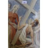 Continental watercolour, study of Christ with the cross, inscribed ' Daughters of Jerusalem Weep Not