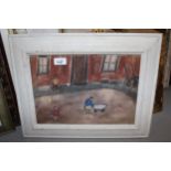 Naive style coloured chalk drawing, children playing in a back street, indistinctly signed, 24cms