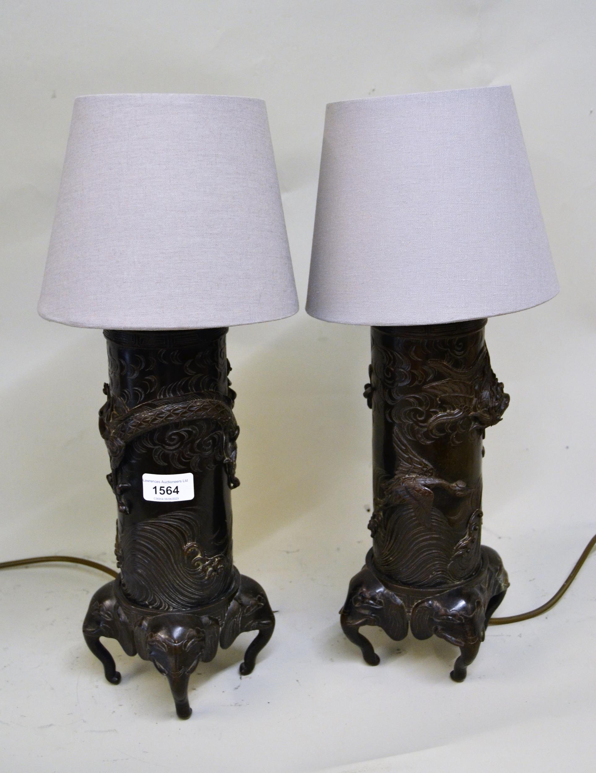 Late 19th Century pair of Japanese bronze vases on elephant head feet adapted for use table lamps,