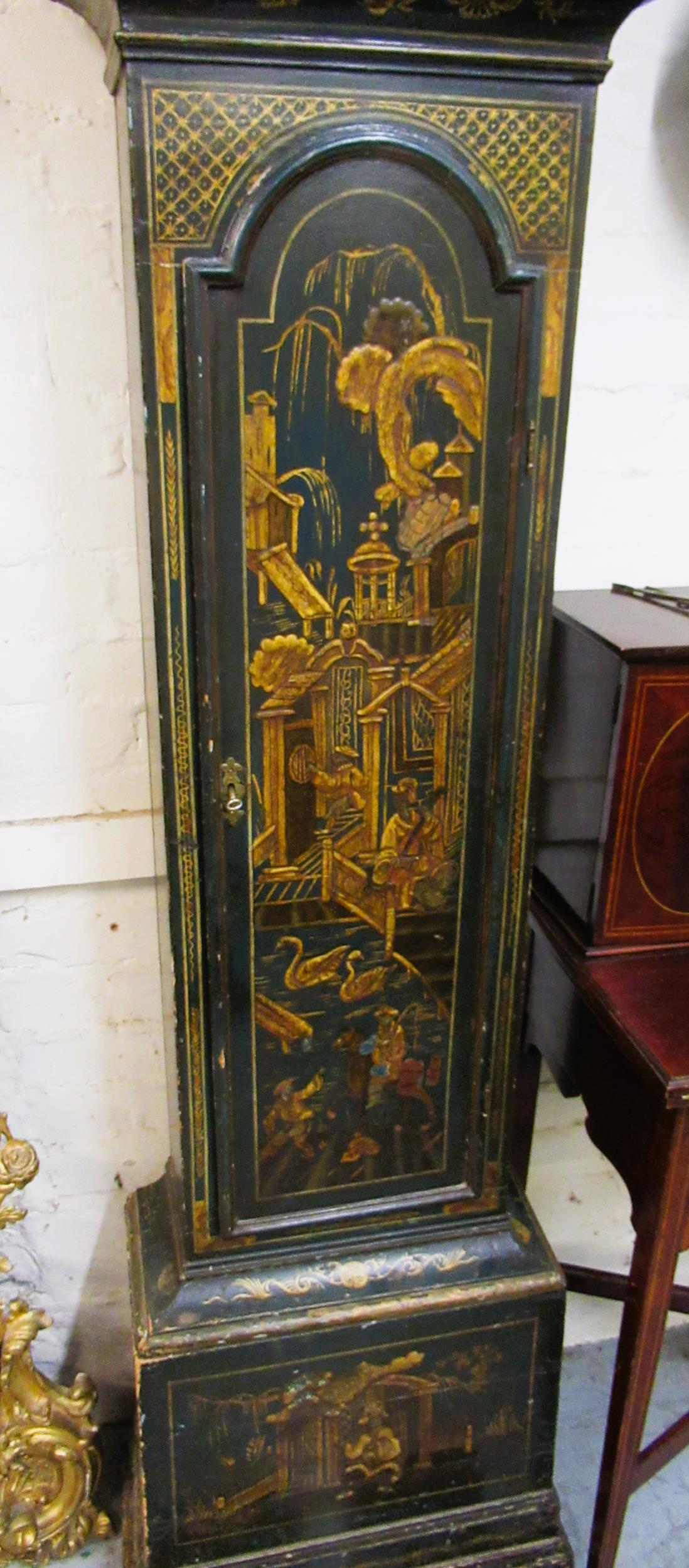 John Hewkley, 18th Century chinoiserie longcase clock, the pagoda top hood enclosing a brass dial - Image 2 of 8