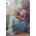 Carl Duxa, oil on panel, study of a Dutch girl seated by a window sewing, signed, 21cms x 18cms,