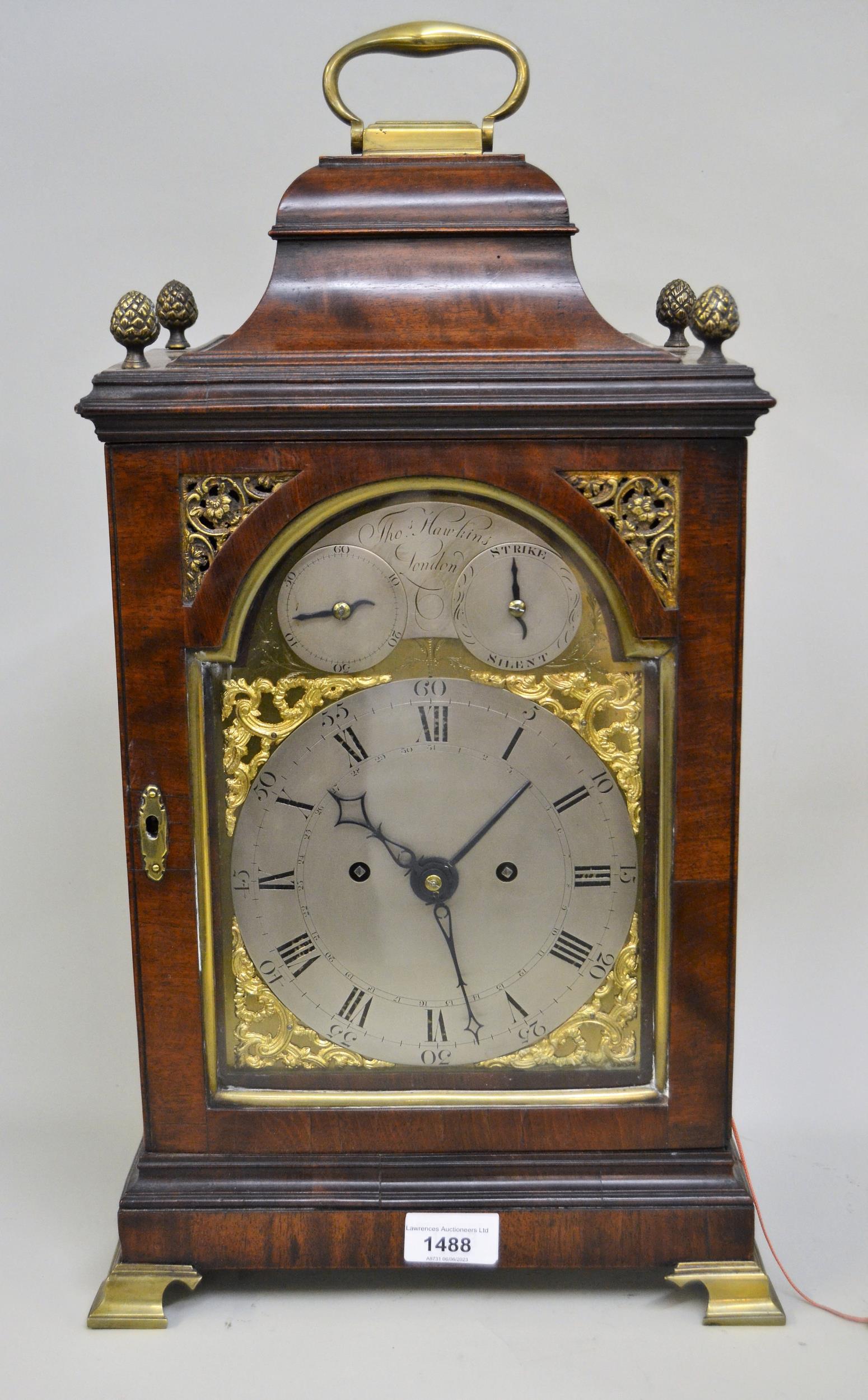 George III mahogany bell top bracket clock, by Thomas Hawkins, London circa 1740, the brass dial