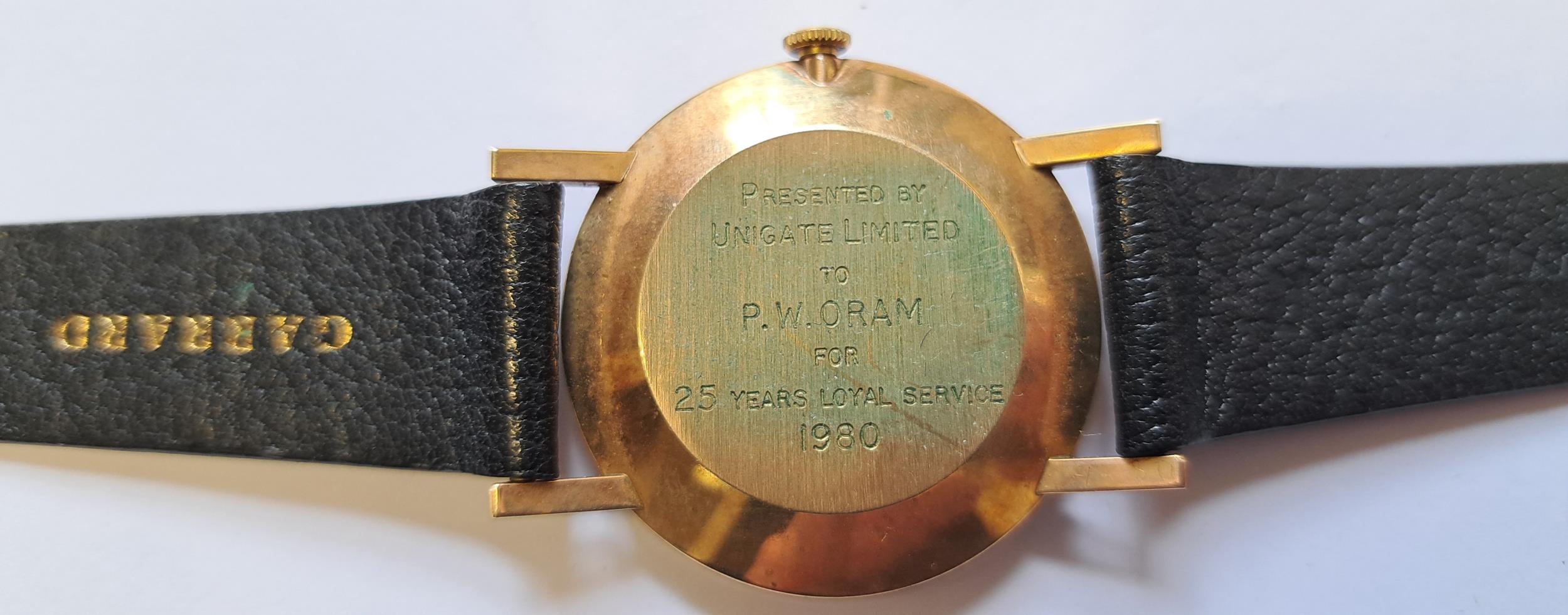 Garrard, gentleman's circular gold cased wristwatch with black leather strap, in original box - Image 3 of 3