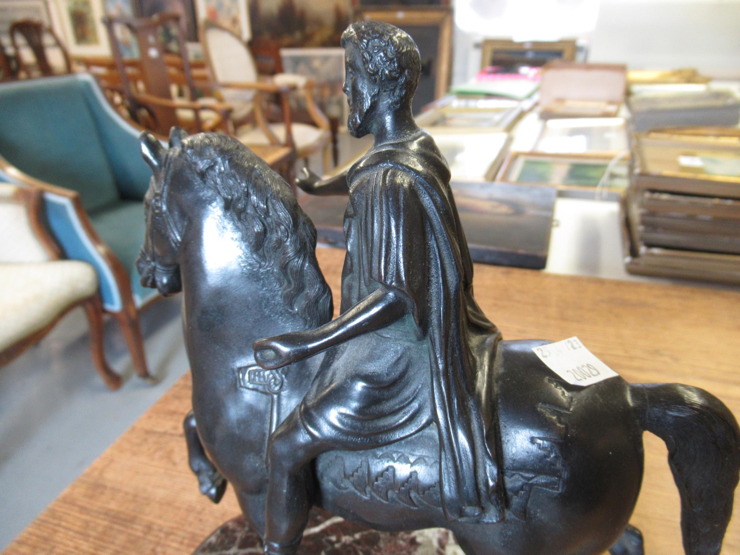 Reproduction dark patinated bronze figure of classical warrior on horseback, 27cms high - Image 5 of 7