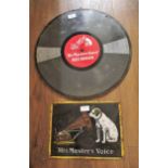 Circular double sided enamel advertising sign in the form of a record for ' His Master's Voice ' and