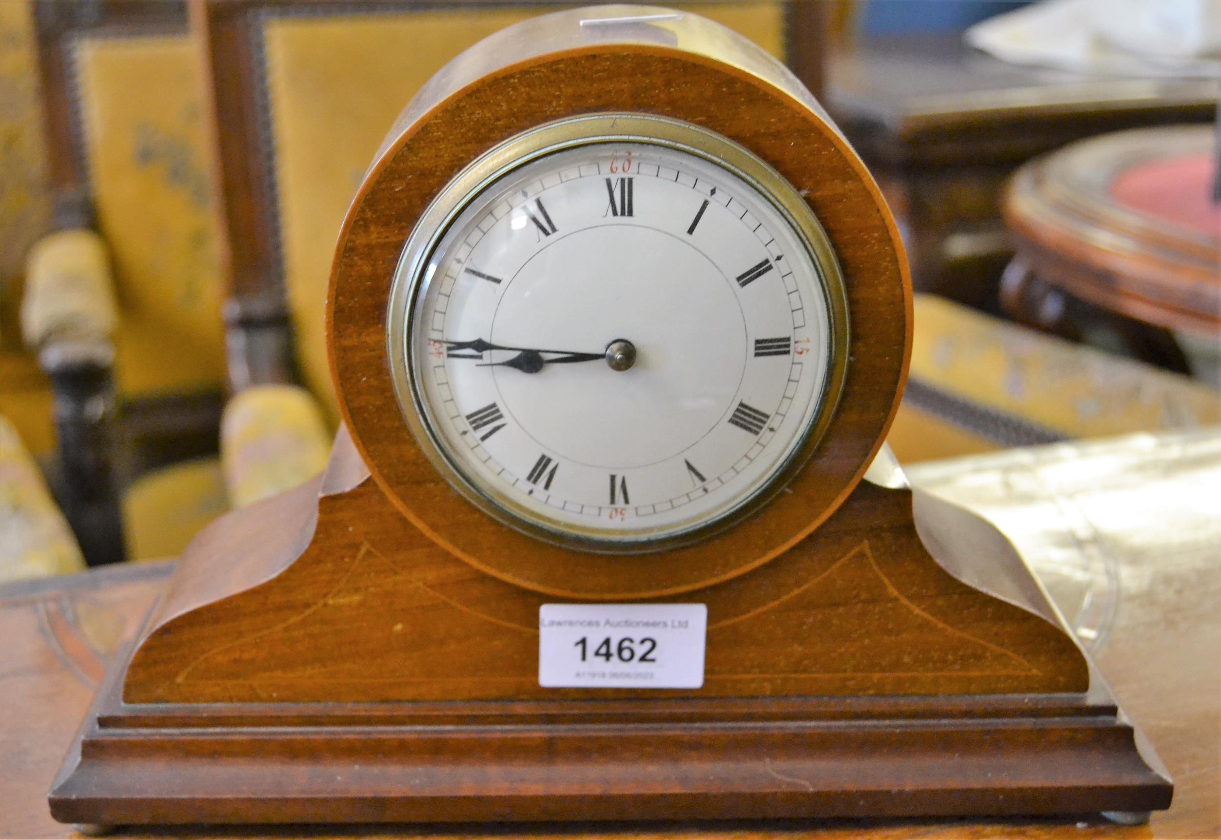 Edwardian mahogany and line inlaid drum form mantel clock with enamel dial and Roman numerals, 26cms