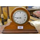 Edwardian mahogany and line inlaid drum form mantel clock with enamel dial and Roman numerals, 26cms