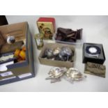 Box containing a small quantity of various items including a metal doll's teaset, Bakelite doll's
