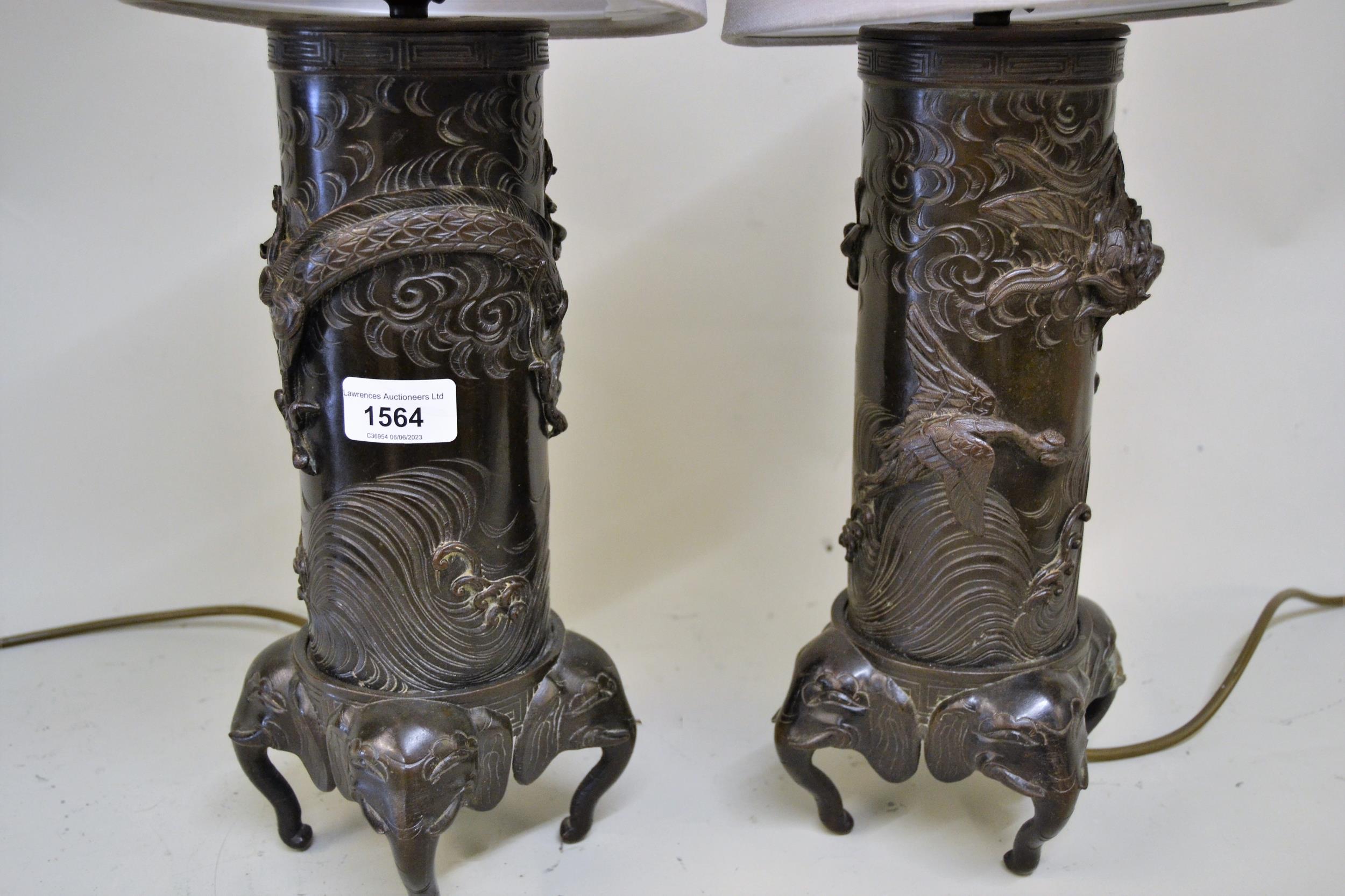 Late 19th Century pair of Japanese bronze vases on elephant head feet adapted for use table lamps, - Image 2 of 2