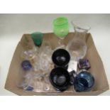 Box containing a quantity of various glassware including pair of black glass drinking glasses,