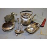 Plated spirit kettle with stand and burner, large plated figure of a duck and other miscellaneous