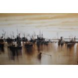 Jose Luis Camprozano, oil on canvas, harbour scene, signed, 60cms x 120cms, framed