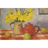 J. Simpson, oil on board, still life, daffodils and a teapot, 44cms x 59cms, framed together with