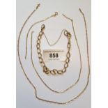 9ct Gold bracelet and two fine chains (one at fault), 11g