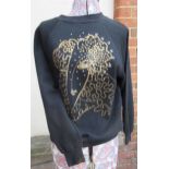 Zandra Rhodes, 1970's ladies black sweatshirt with gold print and rhinestone design, size M Smallish