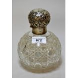 Large hobnail cut glass perfume bottle with London silver mounts, 17cms high