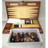 Modern cased game set of dominoes, cards with counters, small box of Treenware items and a modern