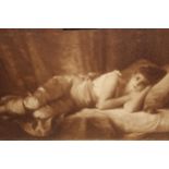 Pair of oak framed monochrome prints of reclining ladies, verre eglomise picture of a coach and