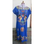 Long blue dress / tabard, gold painted and beaded with Egyptian motifs 132cms long from back of neck