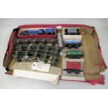 Chad Valley clockwork tin plate train set with locomotive, tender, various rolling stock and