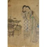 Japanese watercolour on silk, two geishas in an interior, bearing character mark, unmounted and