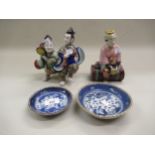 Small Chinese blue and white saucer dish with four character mark, 14cms diameter together with