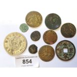 Group of ten various antique coins including Chinese, Roman etc.