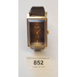 Sicura 1970's gentleman's rectangular gold plated wristwatch on a brown leather strap