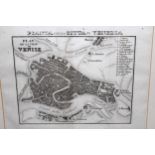 Antique black and white engraving, map of the city of Venice, 12cms x 15cms, framed