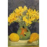 J. Simpson, oil on board, still life of daffodils in a pottery vase with fruit and vegetables, 50cms