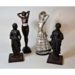 Art Deco painted metal figure of a standing nude, 39cms high, together with a similar silvered