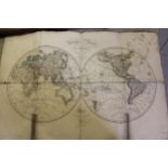 19th Century French double hemisphere map of the world by Basset, 1829, unframed (at fault)