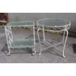 20th Century white painted wrought iron circular glass inset garden table and a similar two tier tea