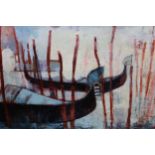 Mixed media on board, impressionist painting of gondolas, indistinctly signed, in a white swept