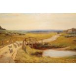 Frederick Albert Slocombe, oil on canvas, rural landscape, sheep crossing a bridge to the