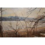 Mary Remington, oil on canvas, landscape with trees to the foreground, 52cms x 67cms, framed