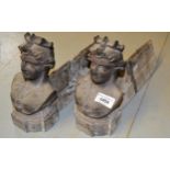 Pair of French iron fire dogs in the form of the busts of crowned ladies