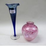 Okra art glass vase with iridescent decoration, 26cm high, together with a pink baluster art glass