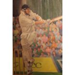 J. Simpson, oil on board, study of a cricket batsman, 80cms x 60cms approximately, framed,