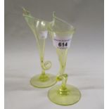 Pair of vaseline glass specimen vases with twisted stems, 15.5cm high Some minor scuffs and some