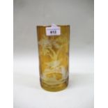 Bohemian oval amber overlaid clear glass vase etched with a bird in a woodland scene, 22cm high