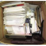 Large box containing a collection of various stamps, First Day covers and postcards etc.